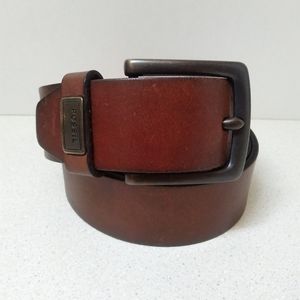 Fossil Genuine Leather Men Sz 36 Stitched Buckle Wide Belt 1.5 Inches Dark Metal